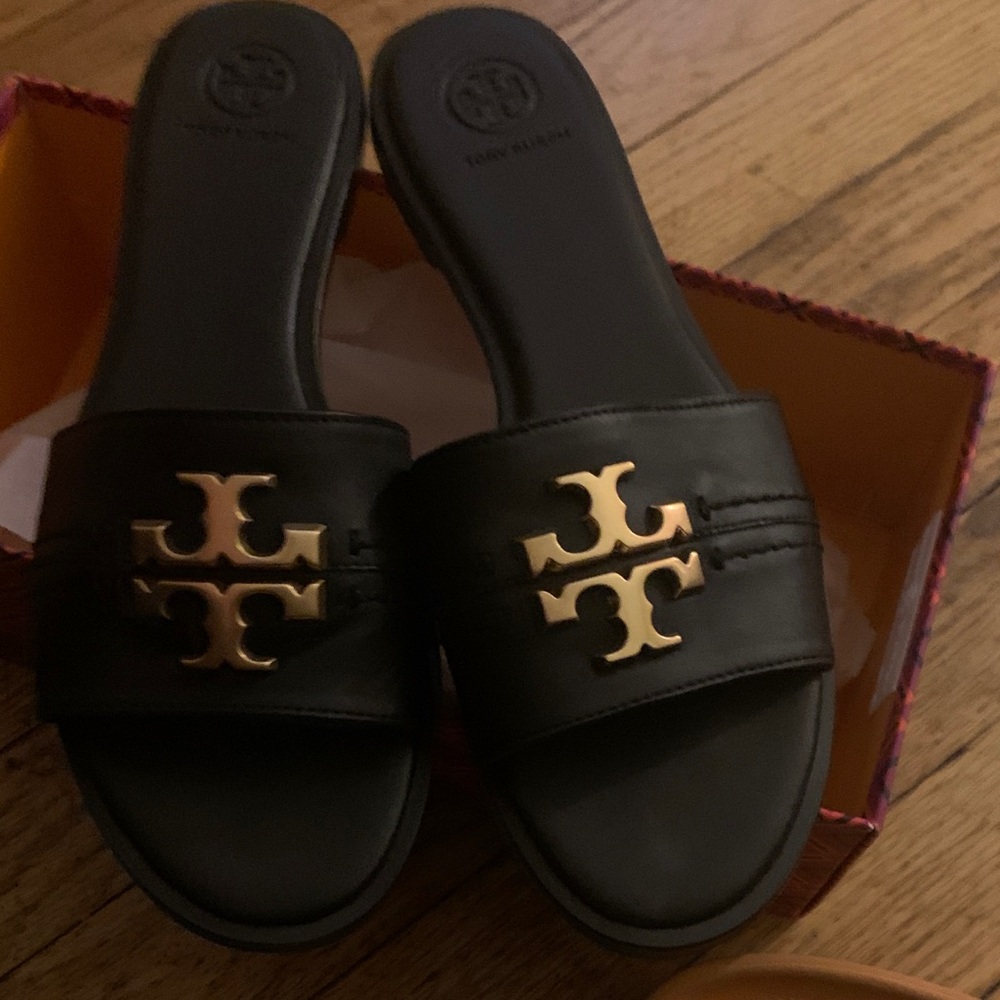 Tory Burch Black Sandals with Gold Logo